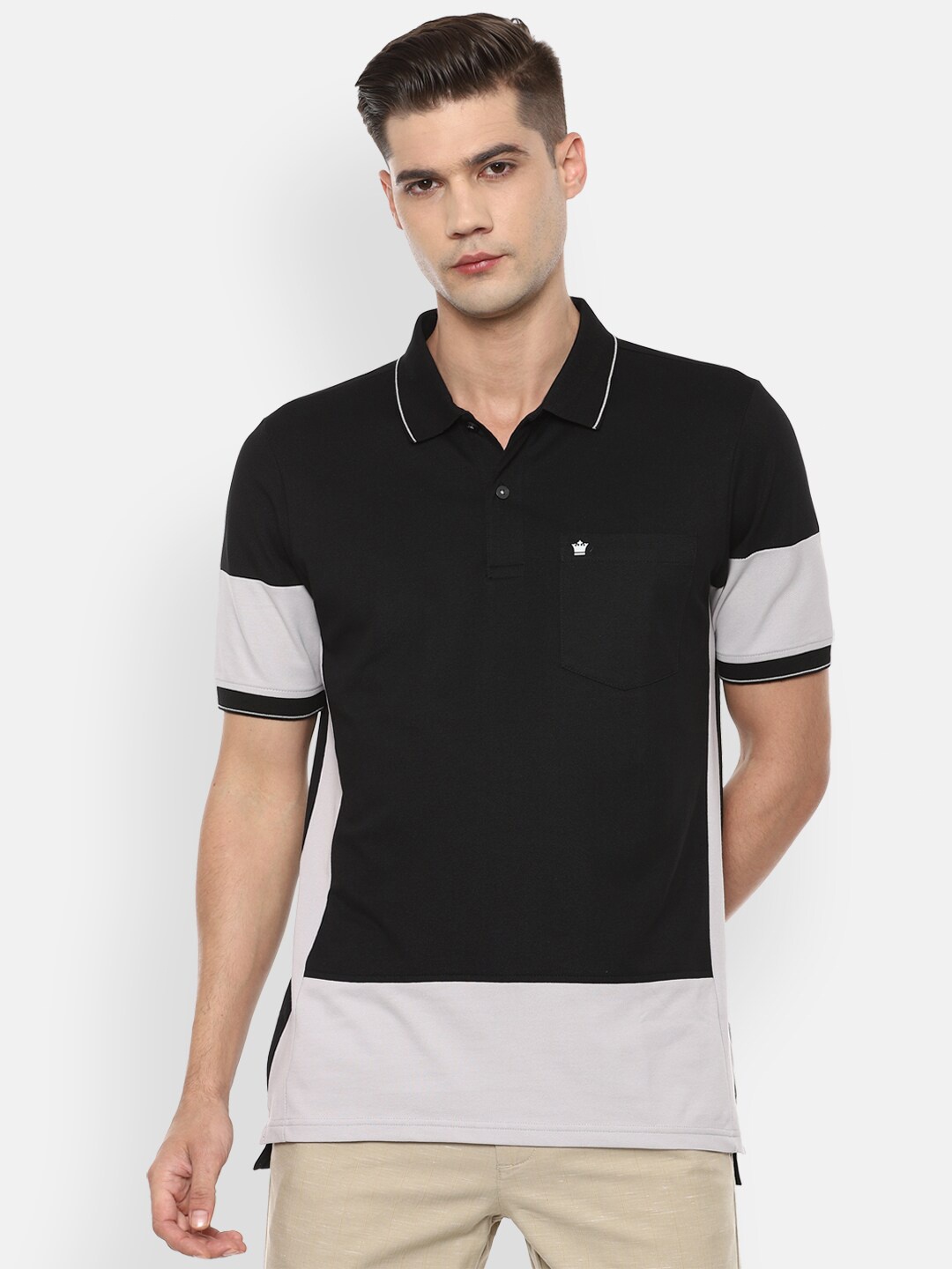 

Louis Philippe Men Black & White Colourblocked Polo Collar T-shirt