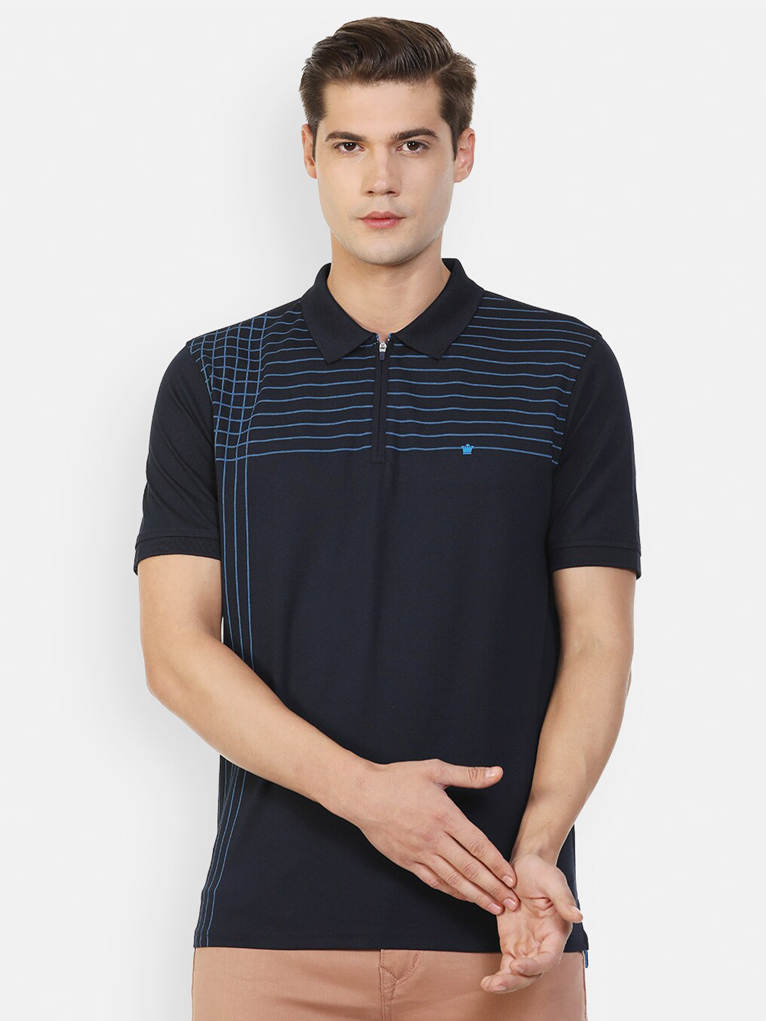 

Louis Philippe Men Navy Blue Striped Mandarin Collar Pockets T-shirt