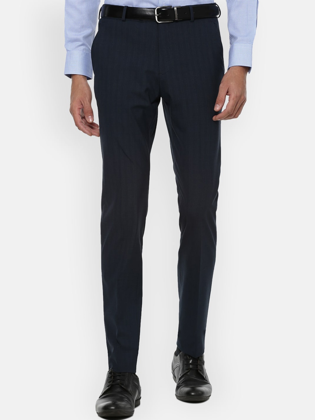 

Louis Philippe Men Navy Blue Striped Slim Fit Trousers