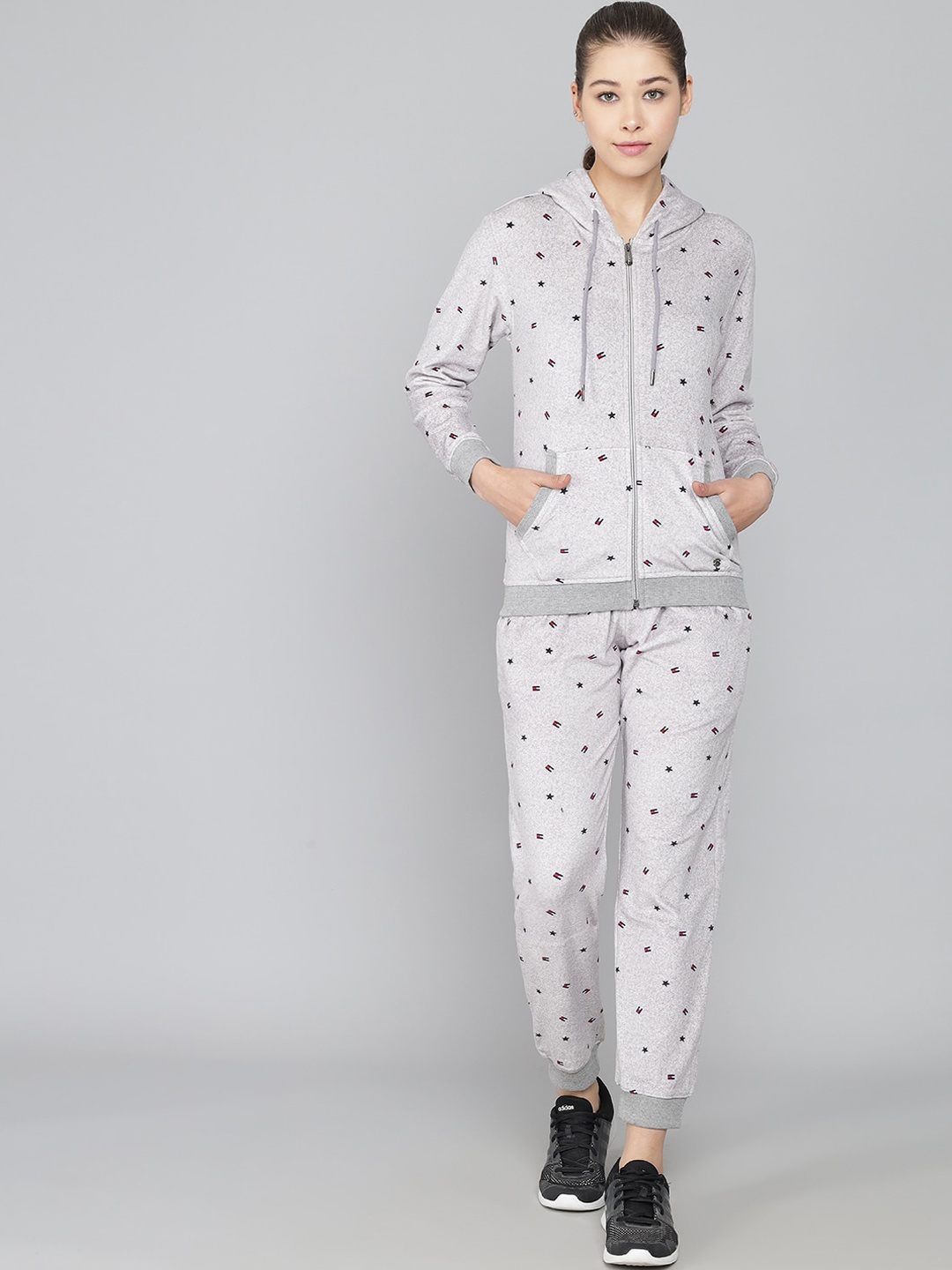 

ANTI CULTURE Women Grey & Black Printed Cotton Tracksuit