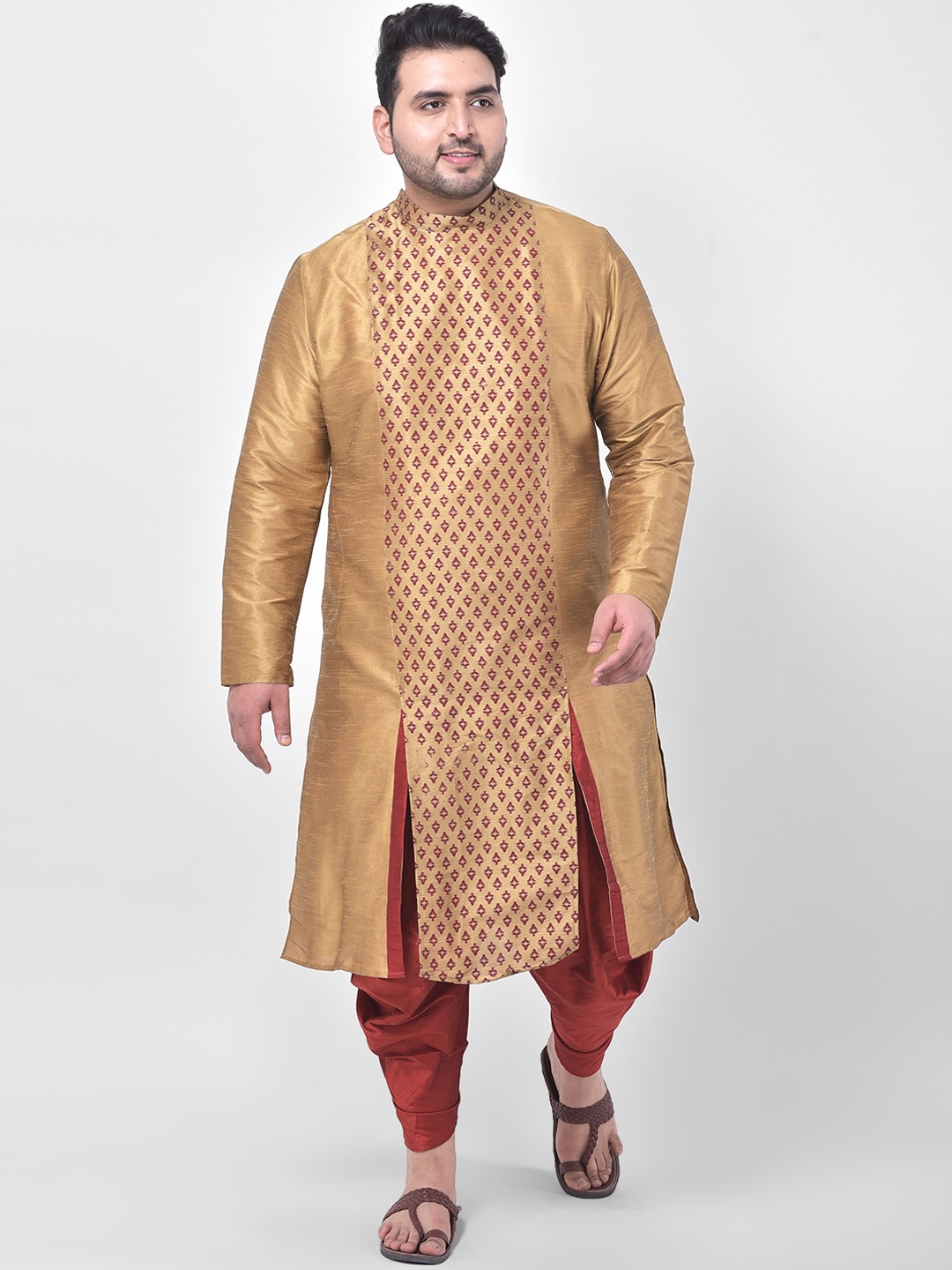 

DEYANN PLUS Men Brown Plus Size Ethnic Motifs Panelled Dupion Silk Kurta with Dhoti Pants