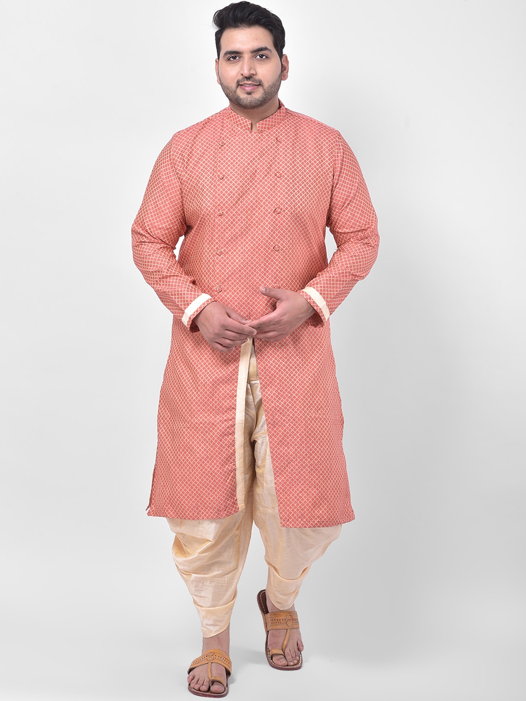 

DEYANN PLUS Men Peach-Coloured High Slit Kurta with Dhoti Pants