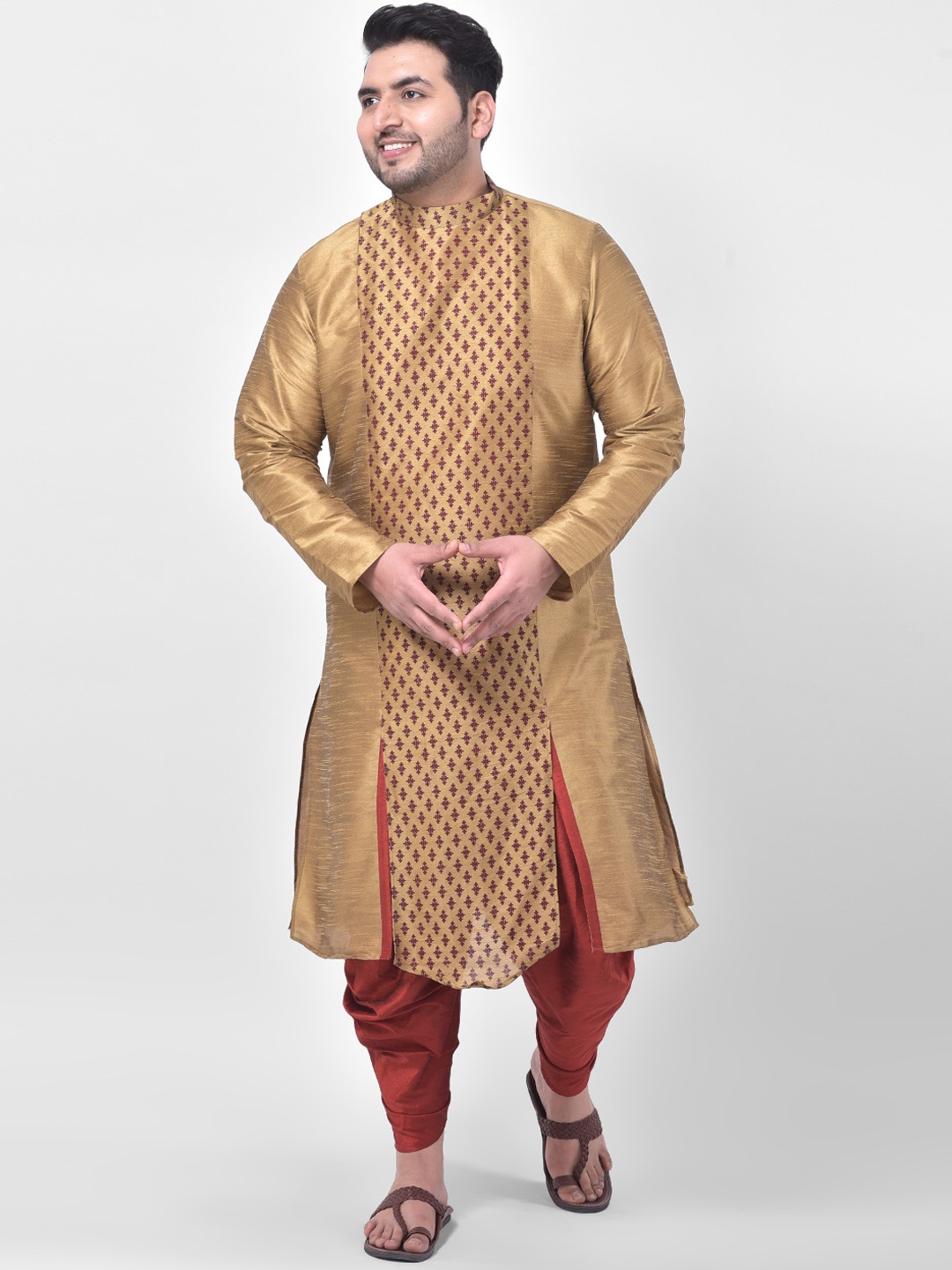 

DEYANN PLUS Men Gold-Toned Ethnic Motifs Printed Dupion Silk Kurta with Dhoti Pants