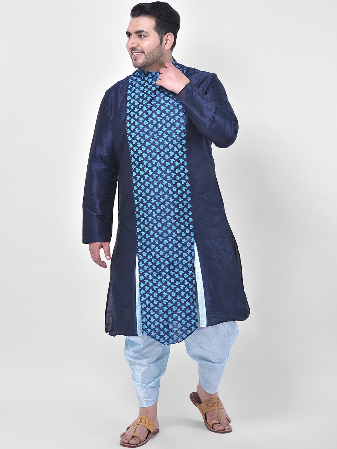 

DEYANN PLUS Men Plus Size Navy Blue Printed Dupion Silk Kurta with Dhoti Pants