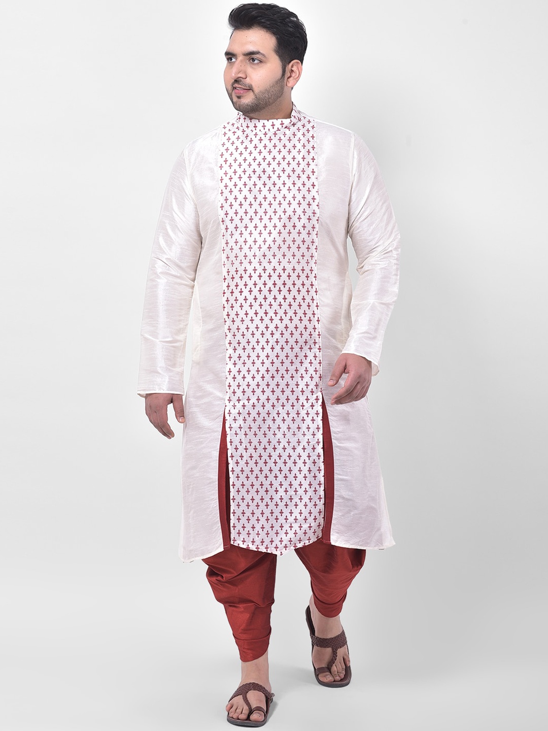 

DEYANN PLUS Men Off White Printed Dupion Silk Kurta with Churidar