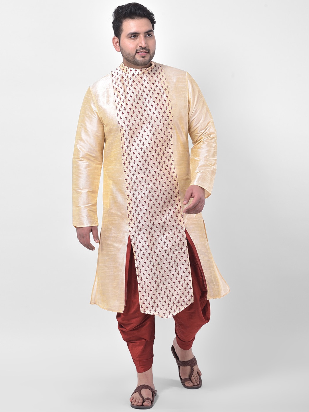 

DEYANN PLUS Men Gold-Toned Ethnic Motifs Printed Dupion Silk Kurta with Dhoti Pants