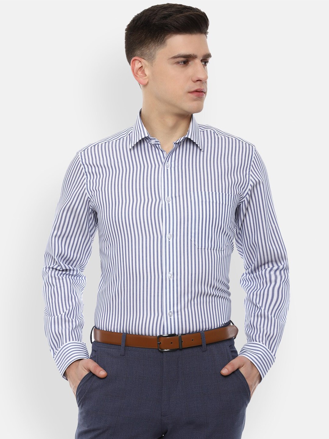 

Louis Philippe Men Navy Blue Slim Fit Striped Formal Shirt