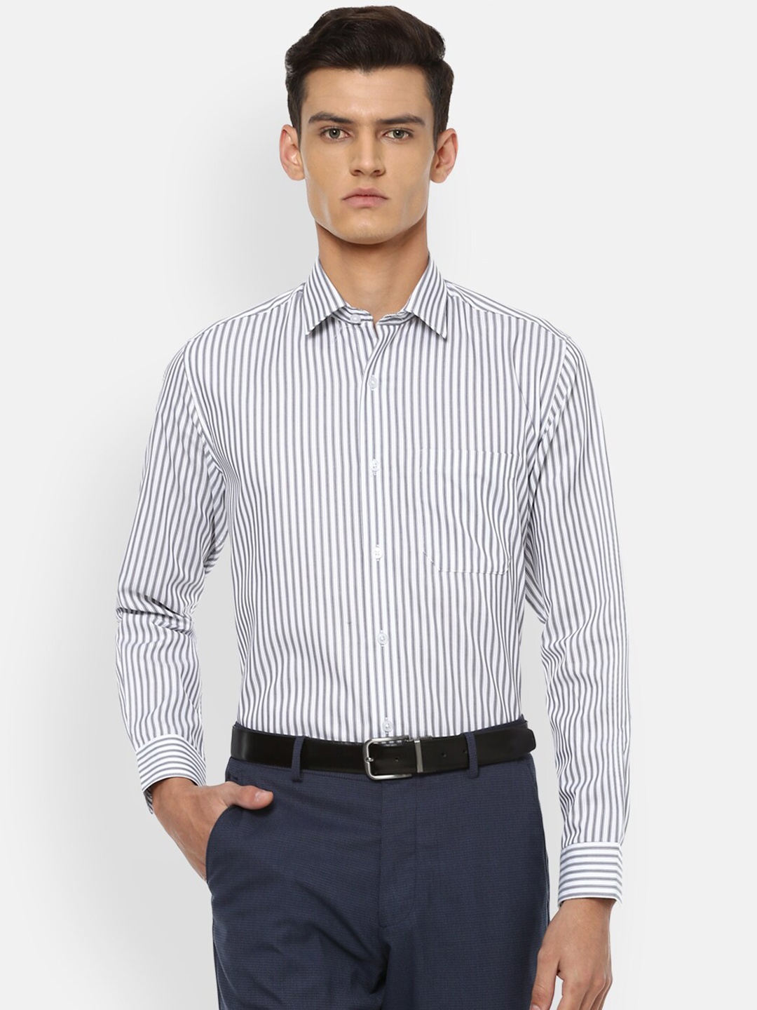 

Louis Philippe Men Grey Slim Fit Striped Formal Shirt