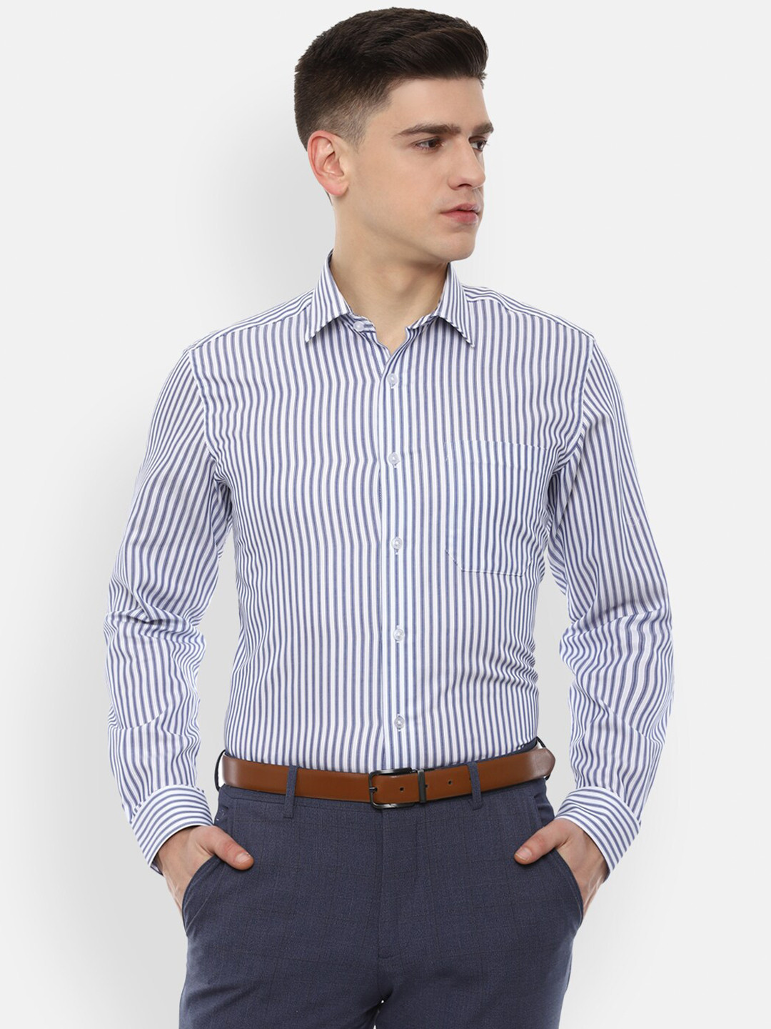 

Louis Philippe Men Navy Blue Slim Fit Striped Formal Shirt