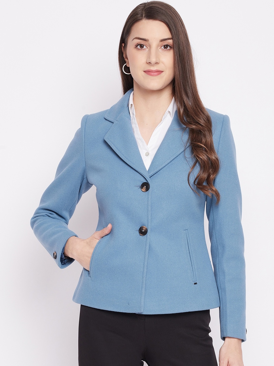 

Okane Women Blue Solid Woolen Trench Coat