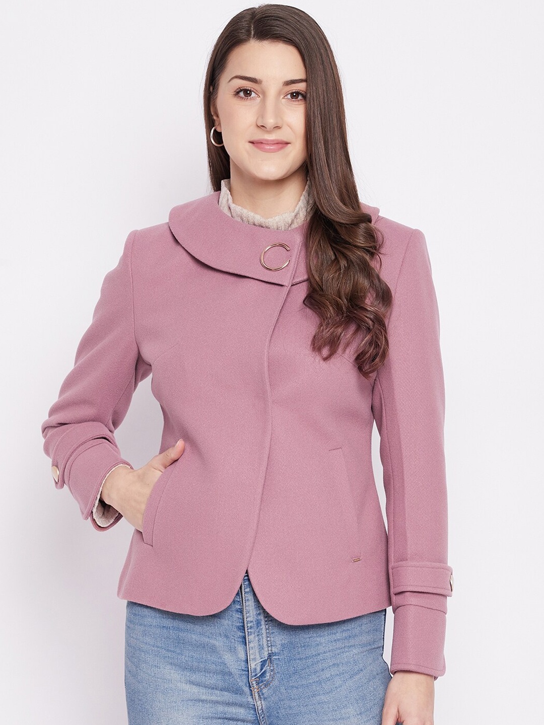 

Okane Women Pink Solid Woolen Overcoat