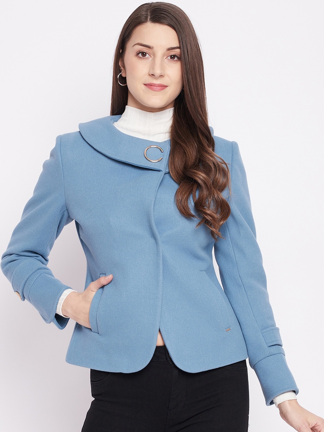 

Okane Women Blue Solid Woolen OverCoat