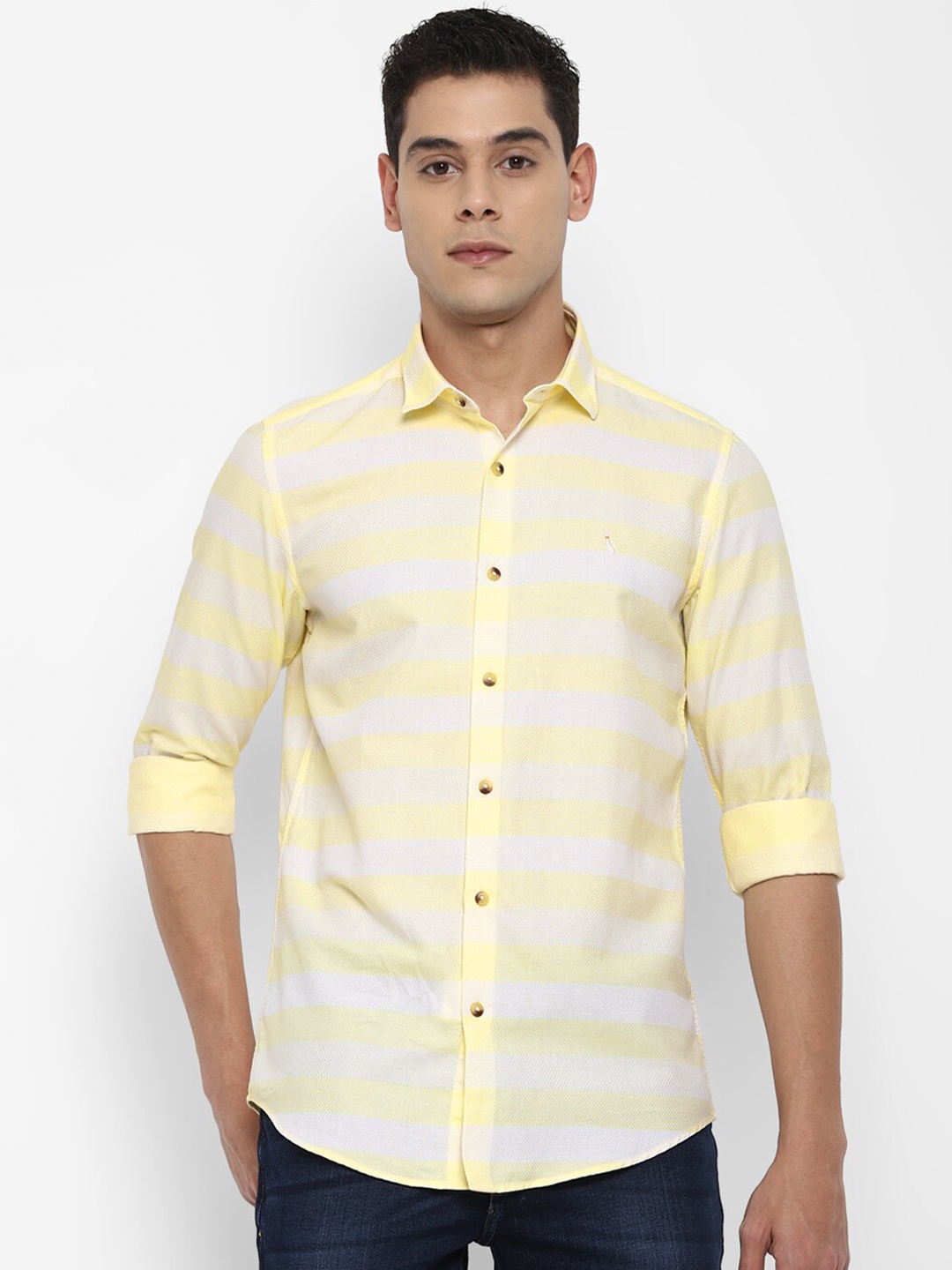 

SIMON CARTER LONDON Men Yellow & White Striped Slim Fit Pure Cotton Casual Shirt