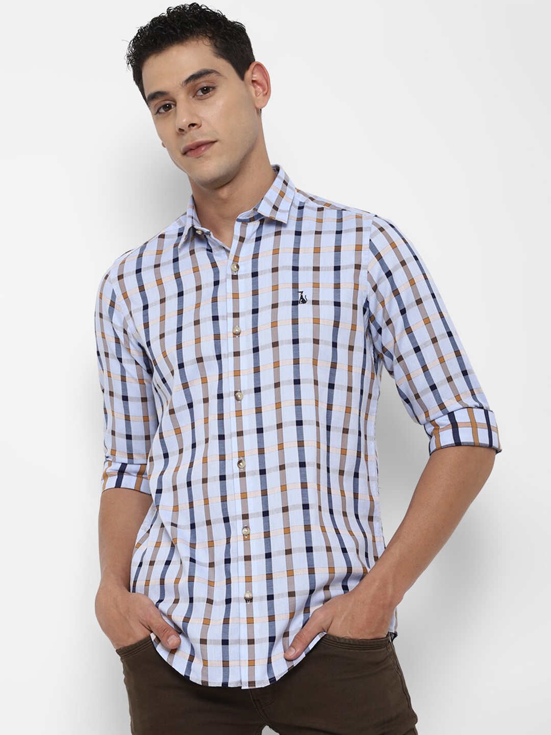 

SIMON CARTER LONDON Men Blue Slim Fit Checked Pure Cotton Casual Shirt