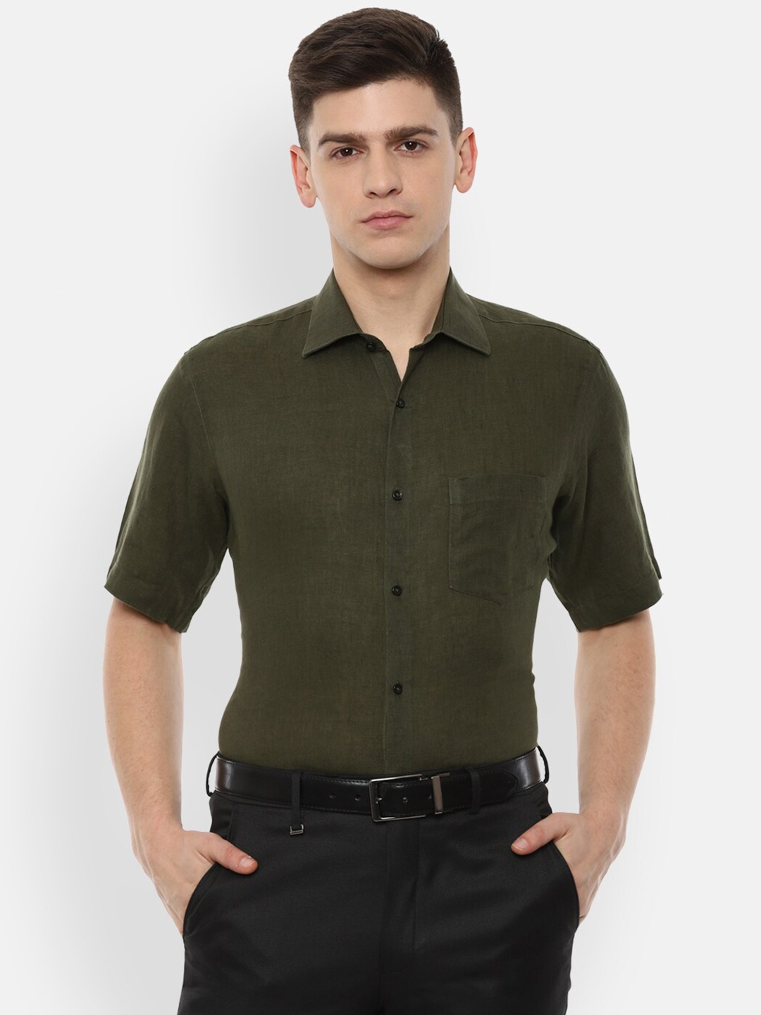 

Van Heusen Men Olive Green Linen Formal Shirt
