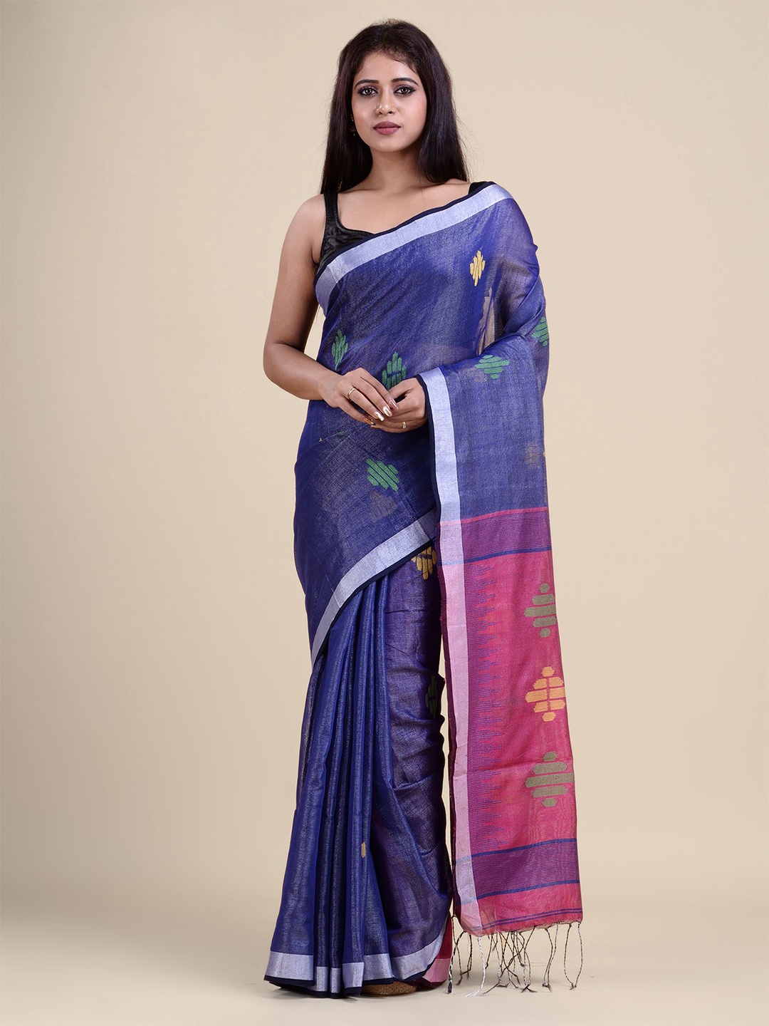 

Charukriti Blue & Pink Woven Design Tissue Saree