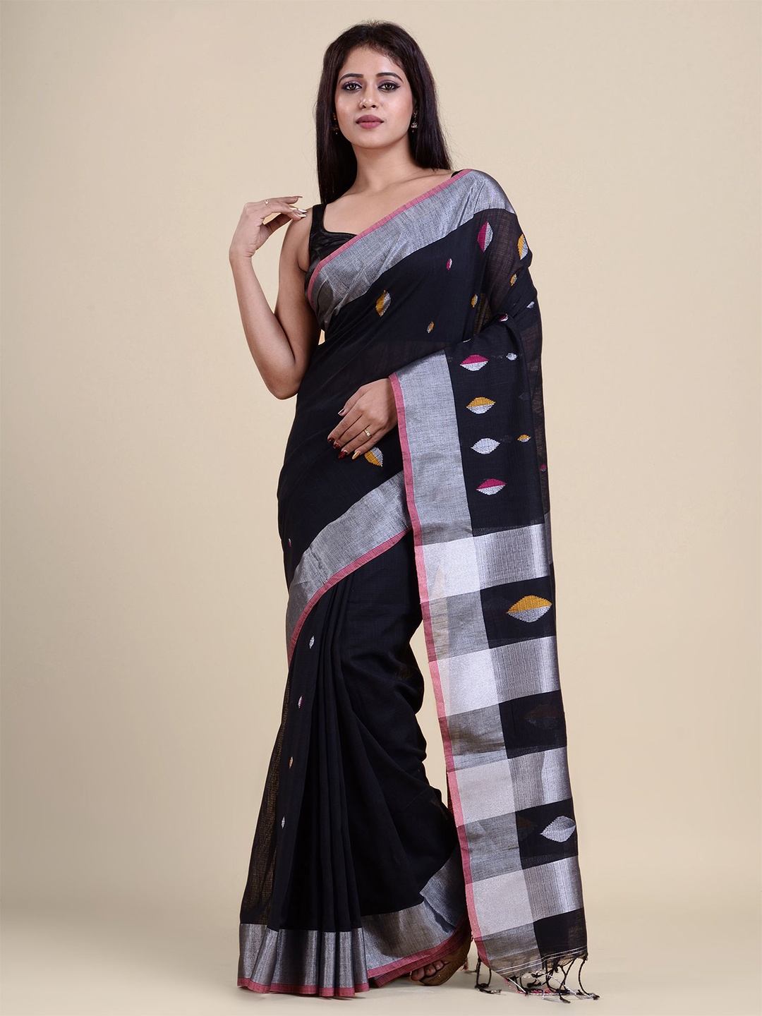 

Charukriti Black & Silver-Toned Woven Design Zari Pure Cotton Saree