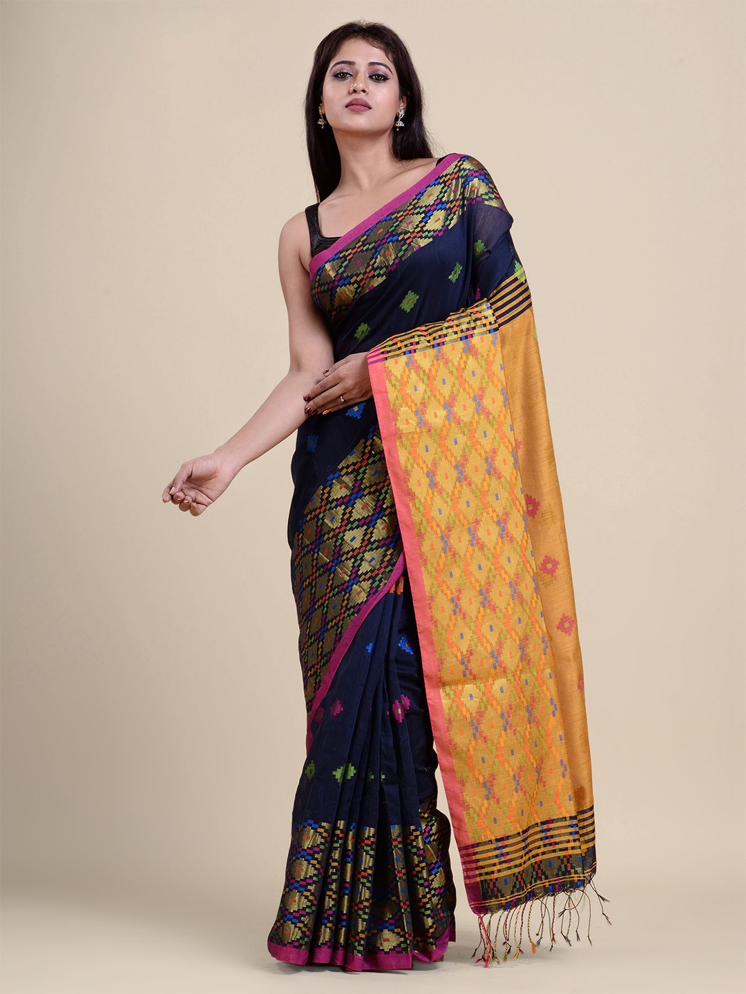 

Charukriti Navy Blue & Yellow Woven Design Zari Saree