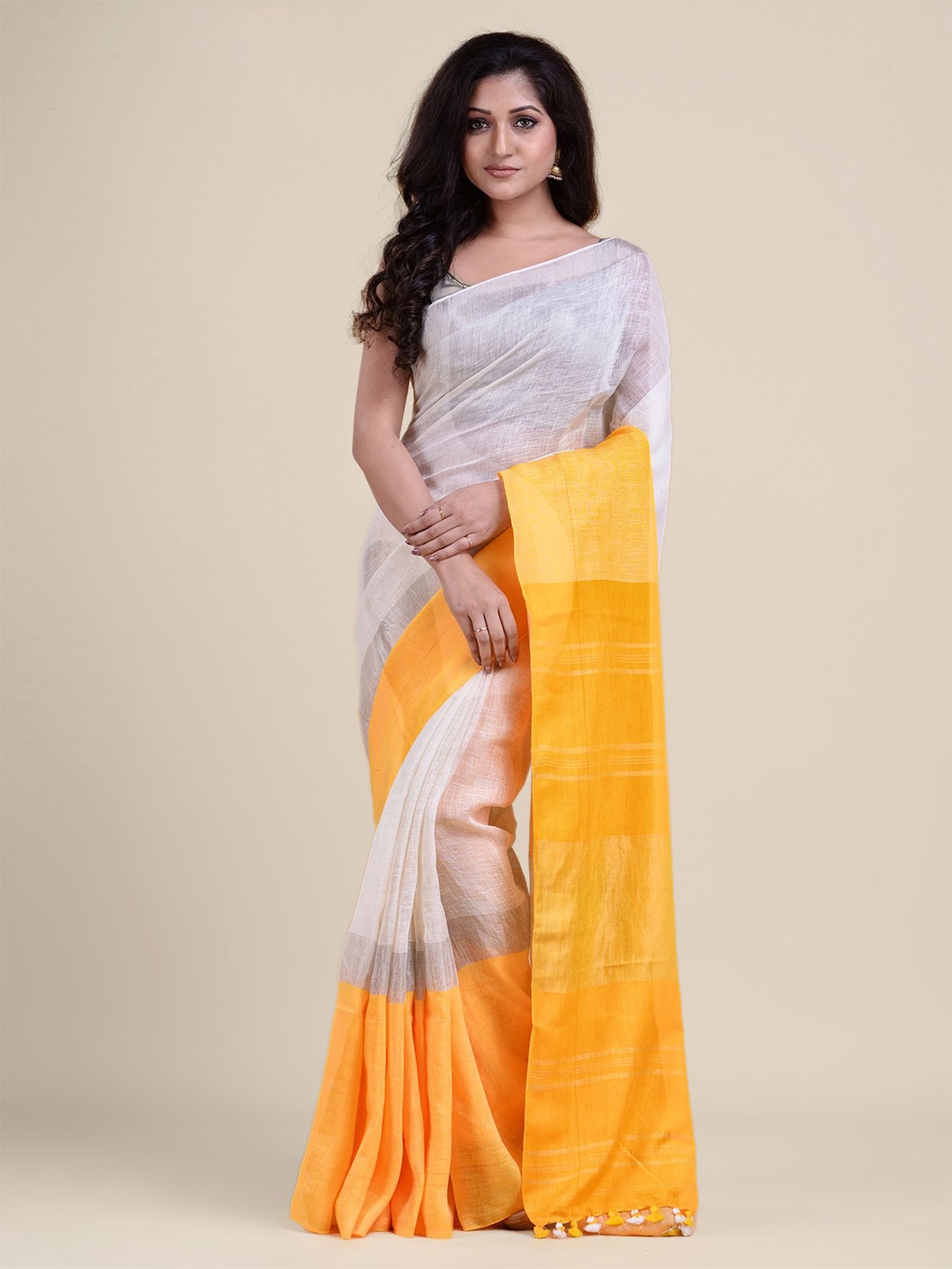 

Charukriti White & Yellow Pure Linen Saree