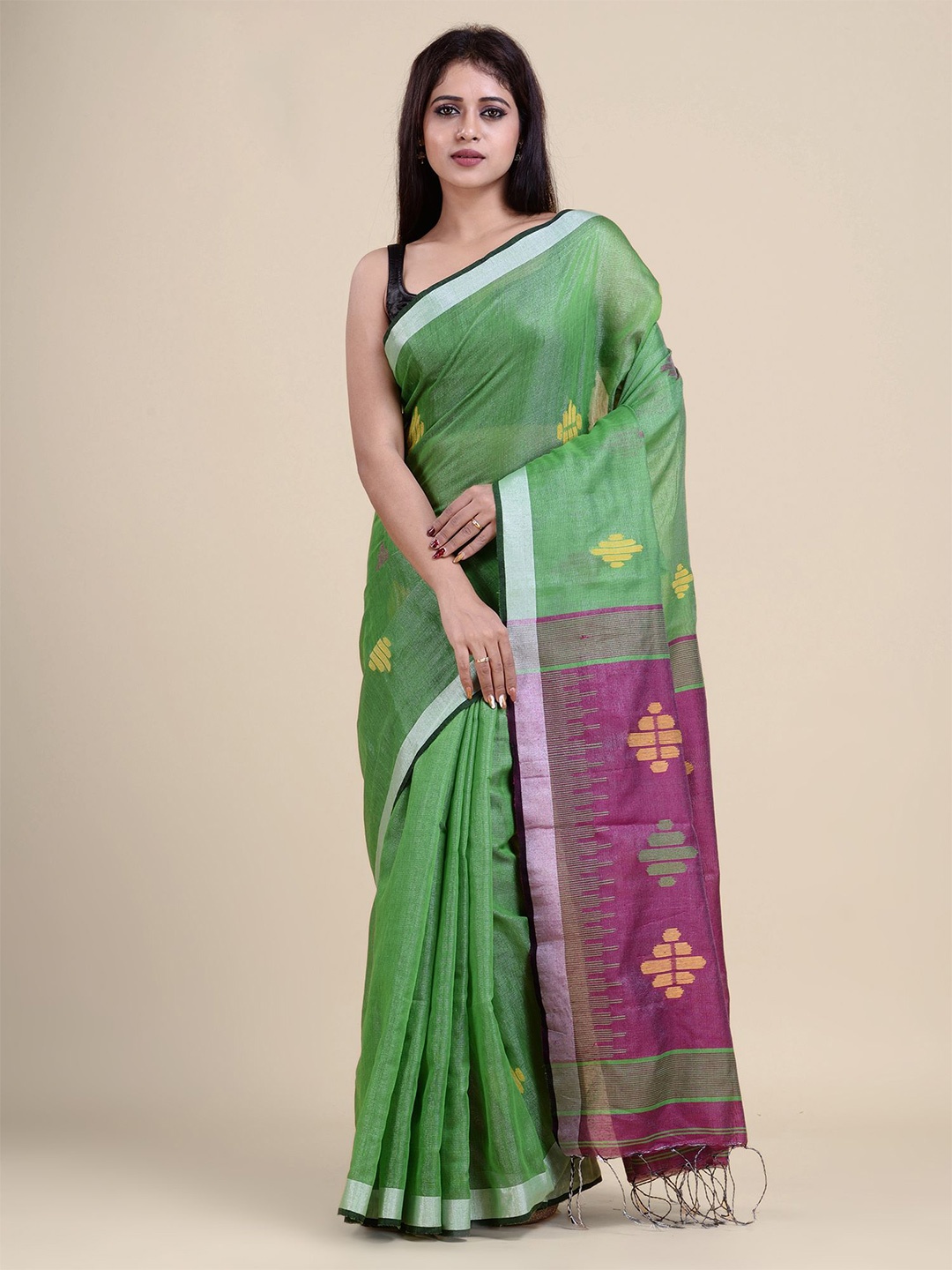 

Charukriti Green & Magenta Woven Design Zari Tissue Saree