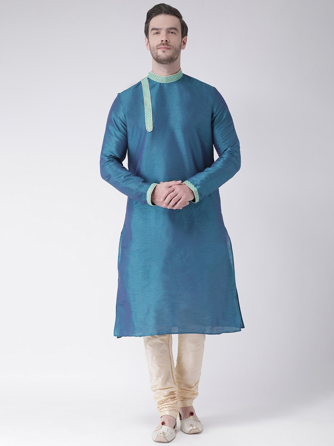 

DEYANN Men Blue & Beige Dupion Silk Kurta with Churidar