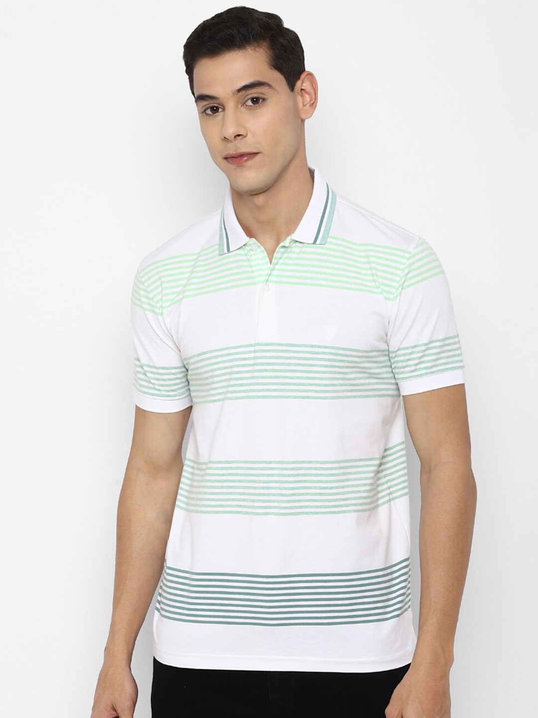 

Allen Solly Men White & Green Striped Polo Collar Pockets T-shirt