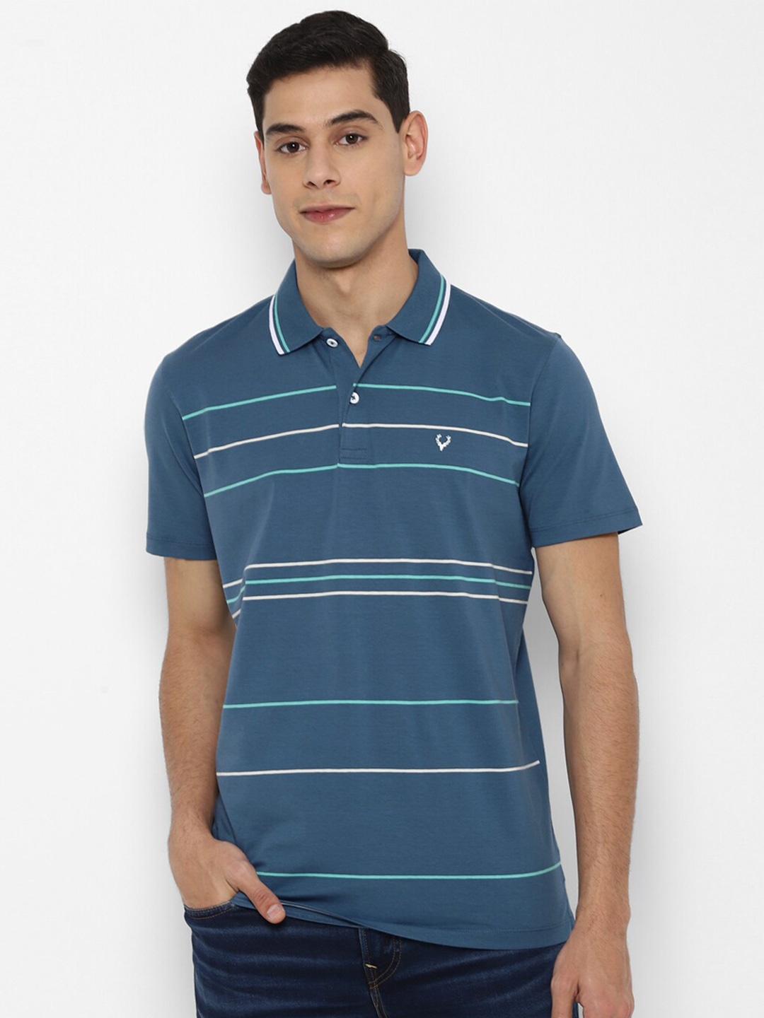 

Allen Solly Men Blue Striped Polo Collar Pure Cotton T-shirt