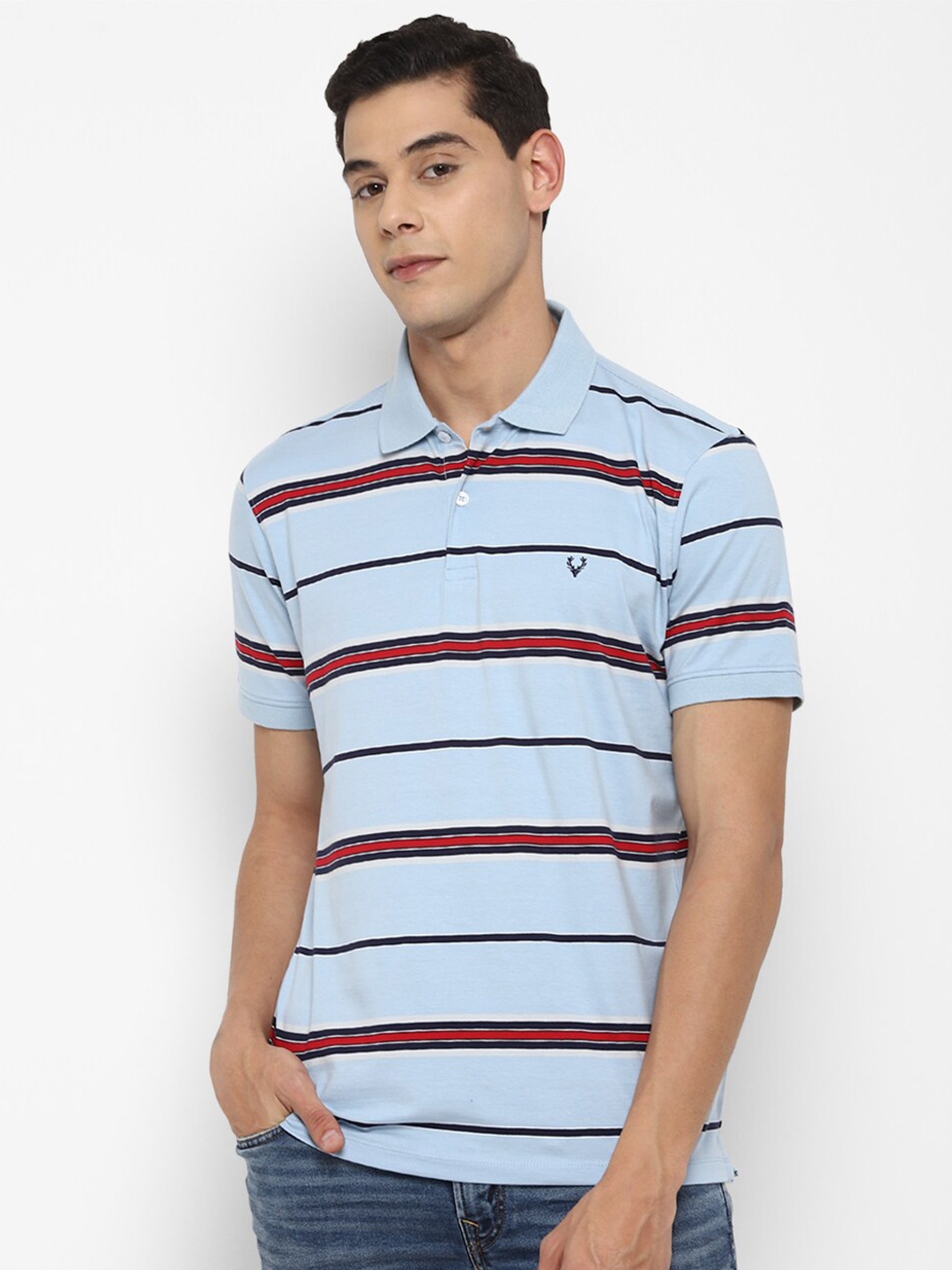 

Allen Solly Men Blue Striped Polo Collar Pockets T-shirt