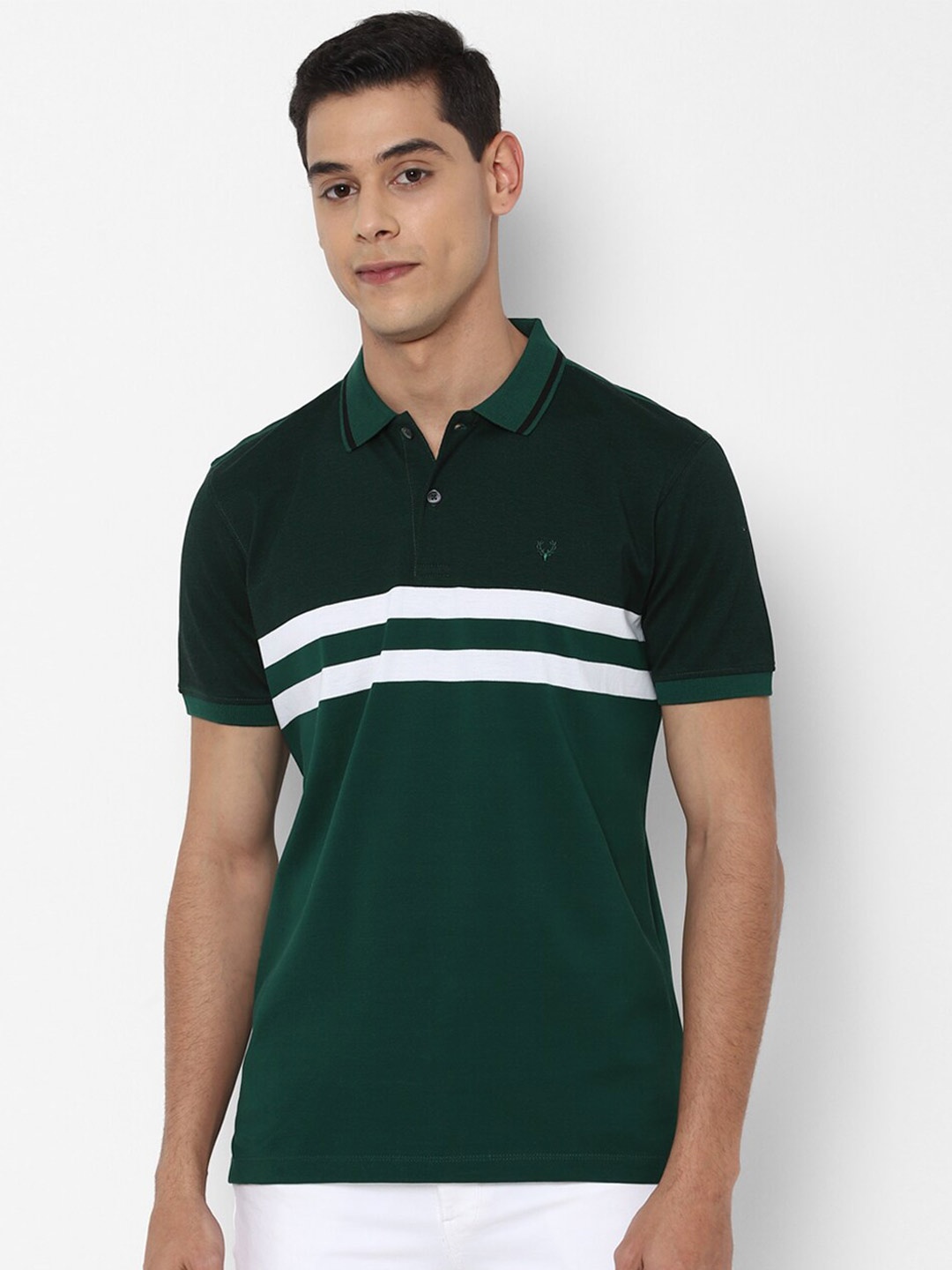 

Allen Solly Men Green Striped Polo Collar Pockets T-shirt