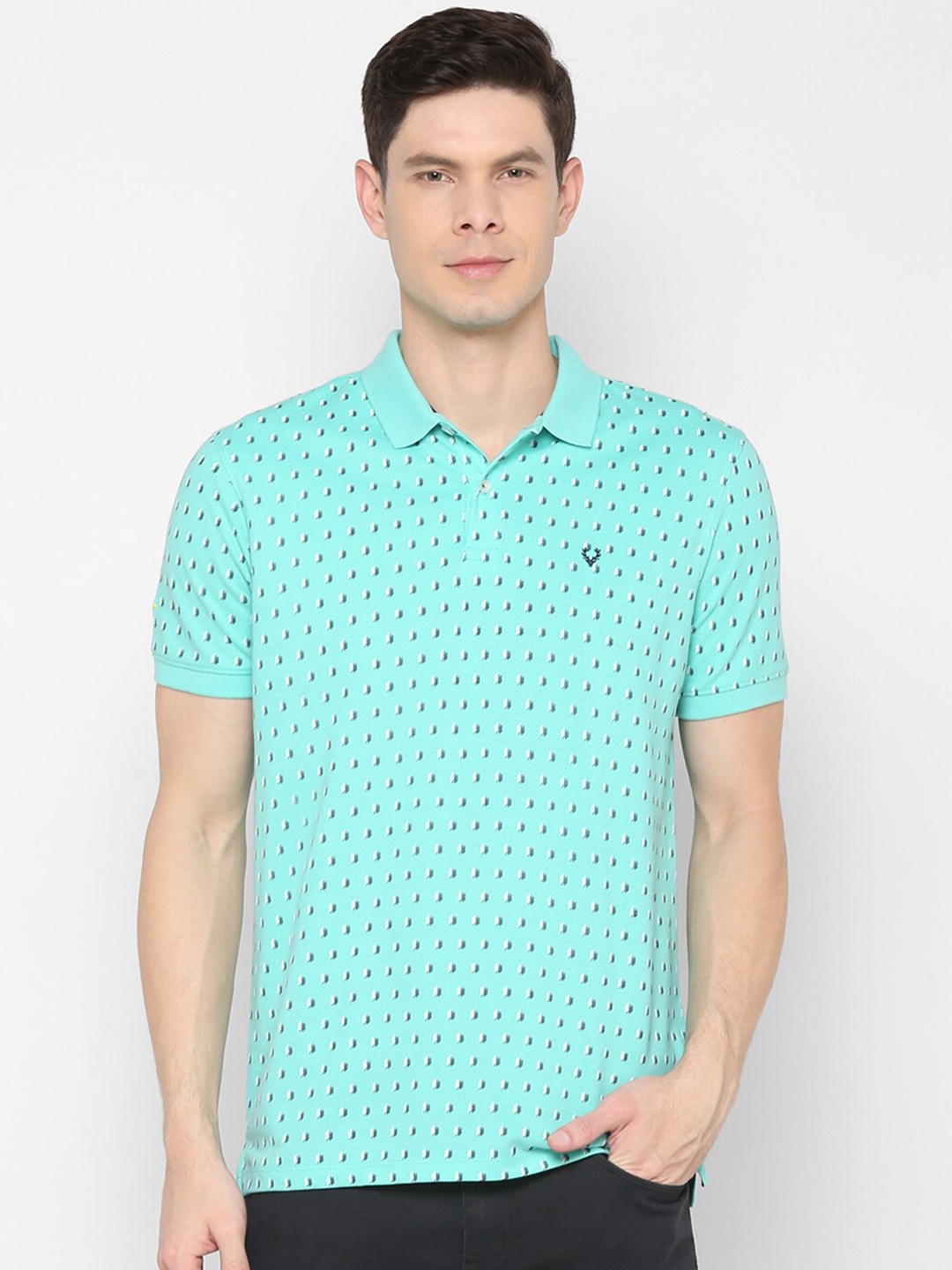 

Allen Solly Men Turquoise Blue Printed Polo Collar Cotton T-shirt