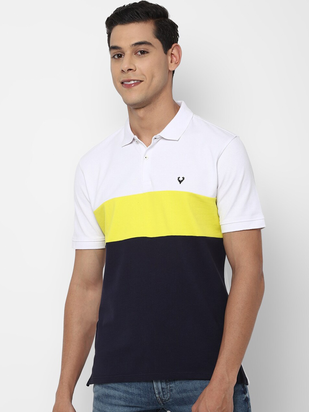 

Allen Solly Men White & Yellow Colourblocked Polo Collar T-shirt