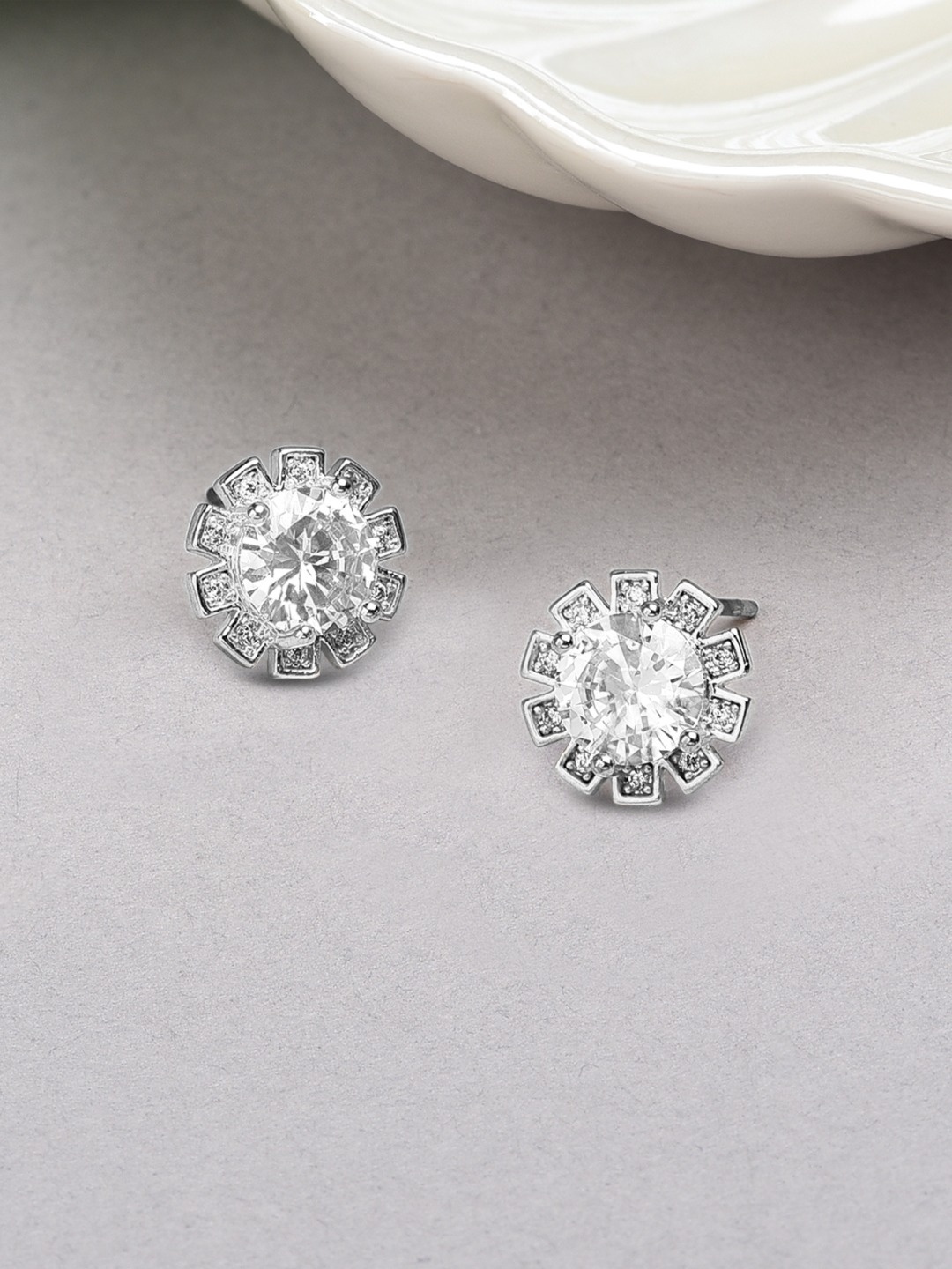 

AMI Silver-Plated CZ Studded Floral Studs Earrings