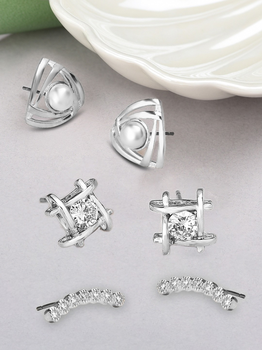 

AMI Silver-Toned Pack of 3 Contemporary Studs Earrings
