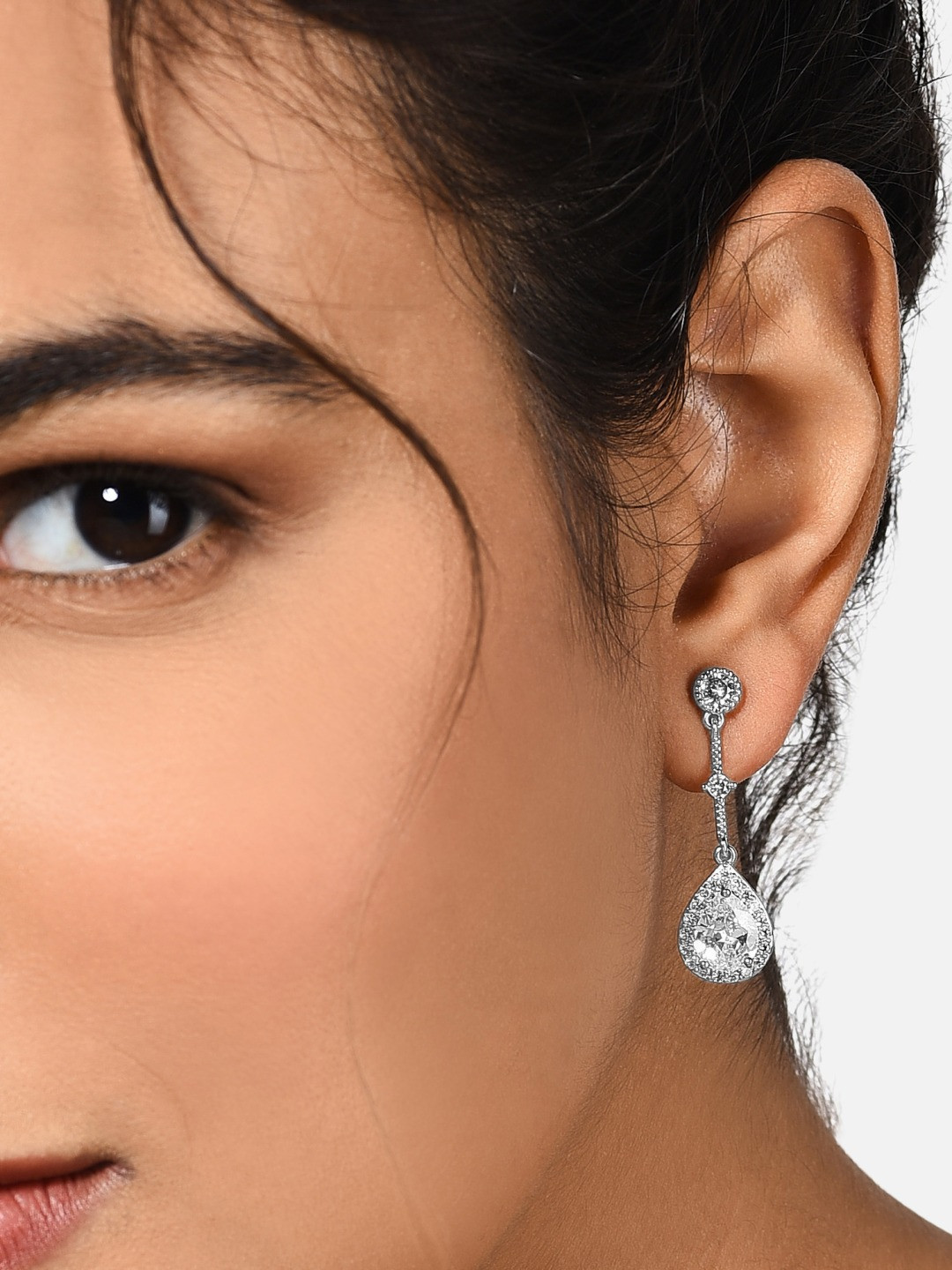 

AMI Silver-Toned Teardrop Shaped CZ Drop Earrings