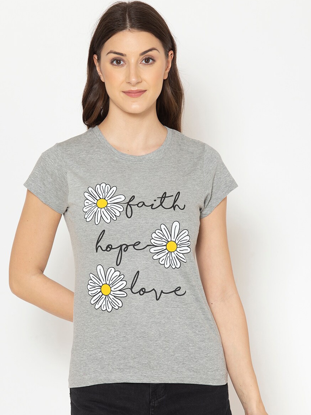 

Lounge Dreams Women Grey & Black Typography Printed Pure Cotton Lounge T-Shirt