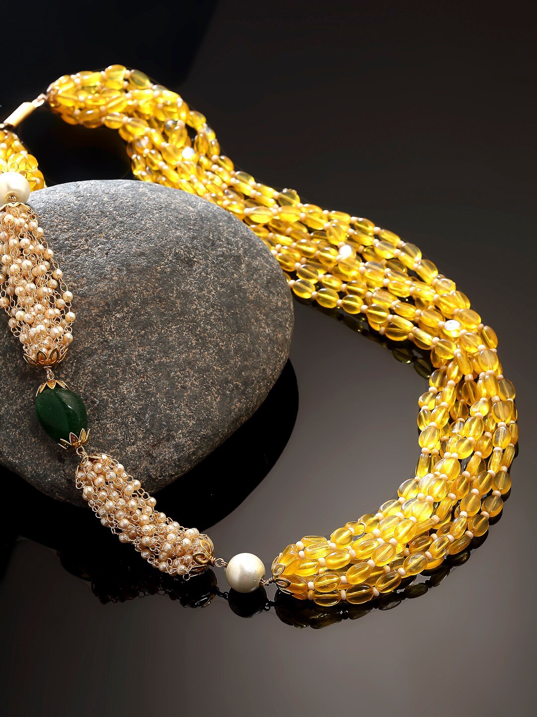 

DUGRISTYLE Gold-Plated & Yellow Copper Pearls & Faux Emerald Layered Necklace