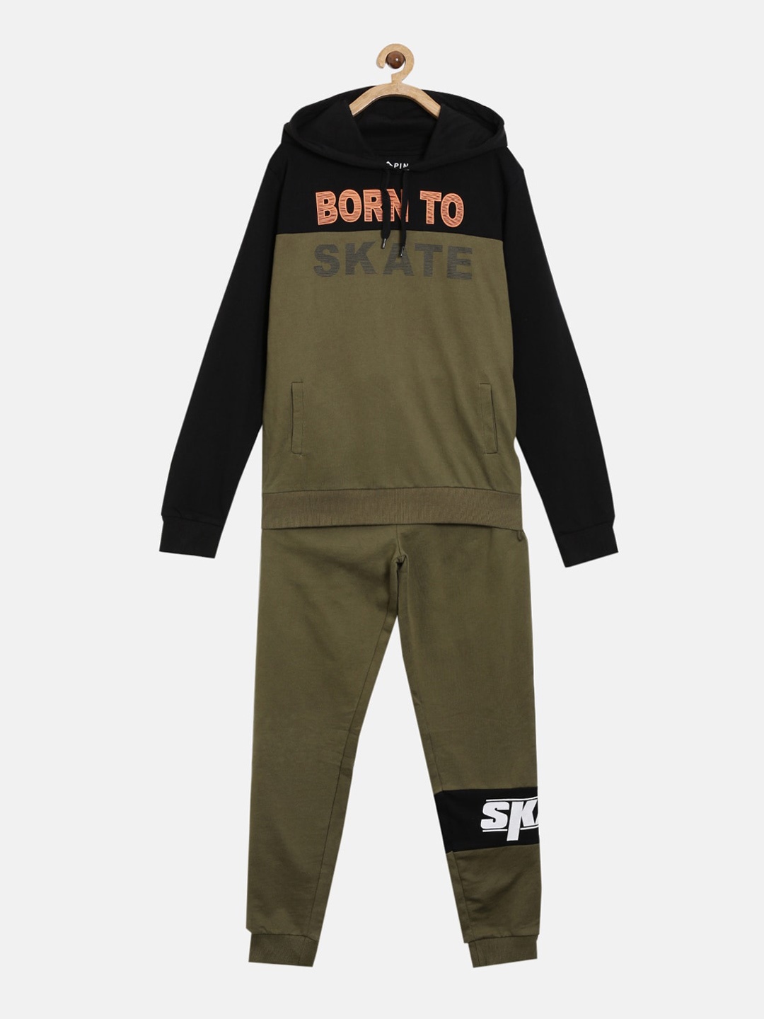 

3PIN Boys Olive Green & Black Solid Cotton Tracksuit