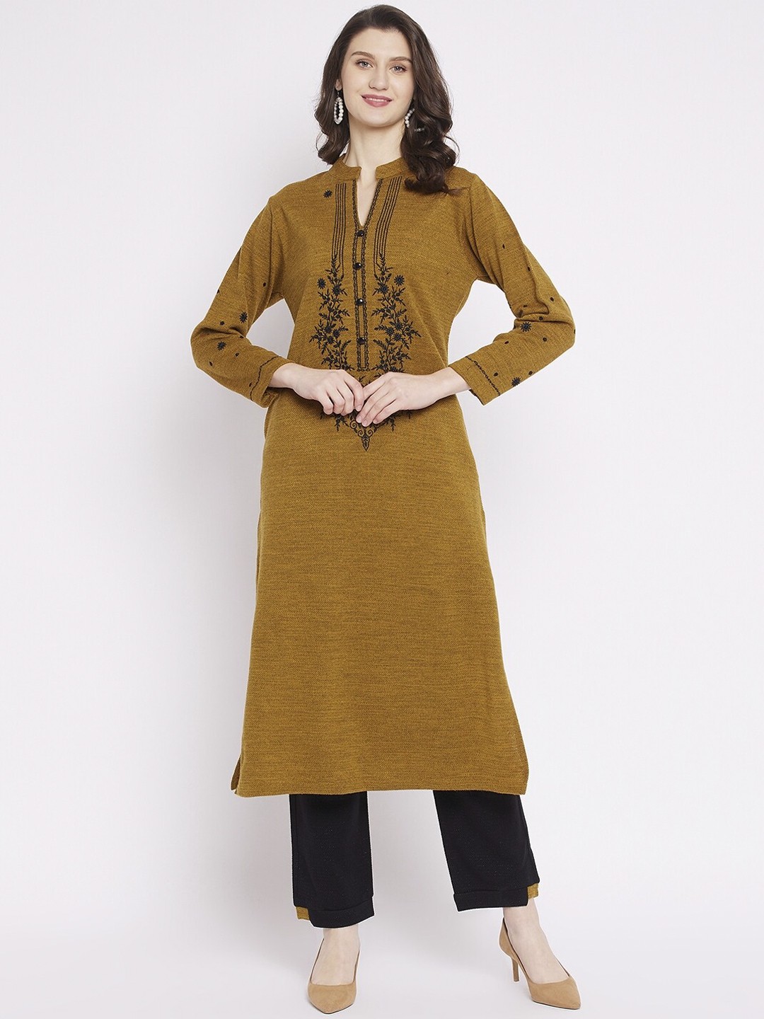 

Zigo Winter Wear Women Khaki Floral Embroidered Kurta with Trousers