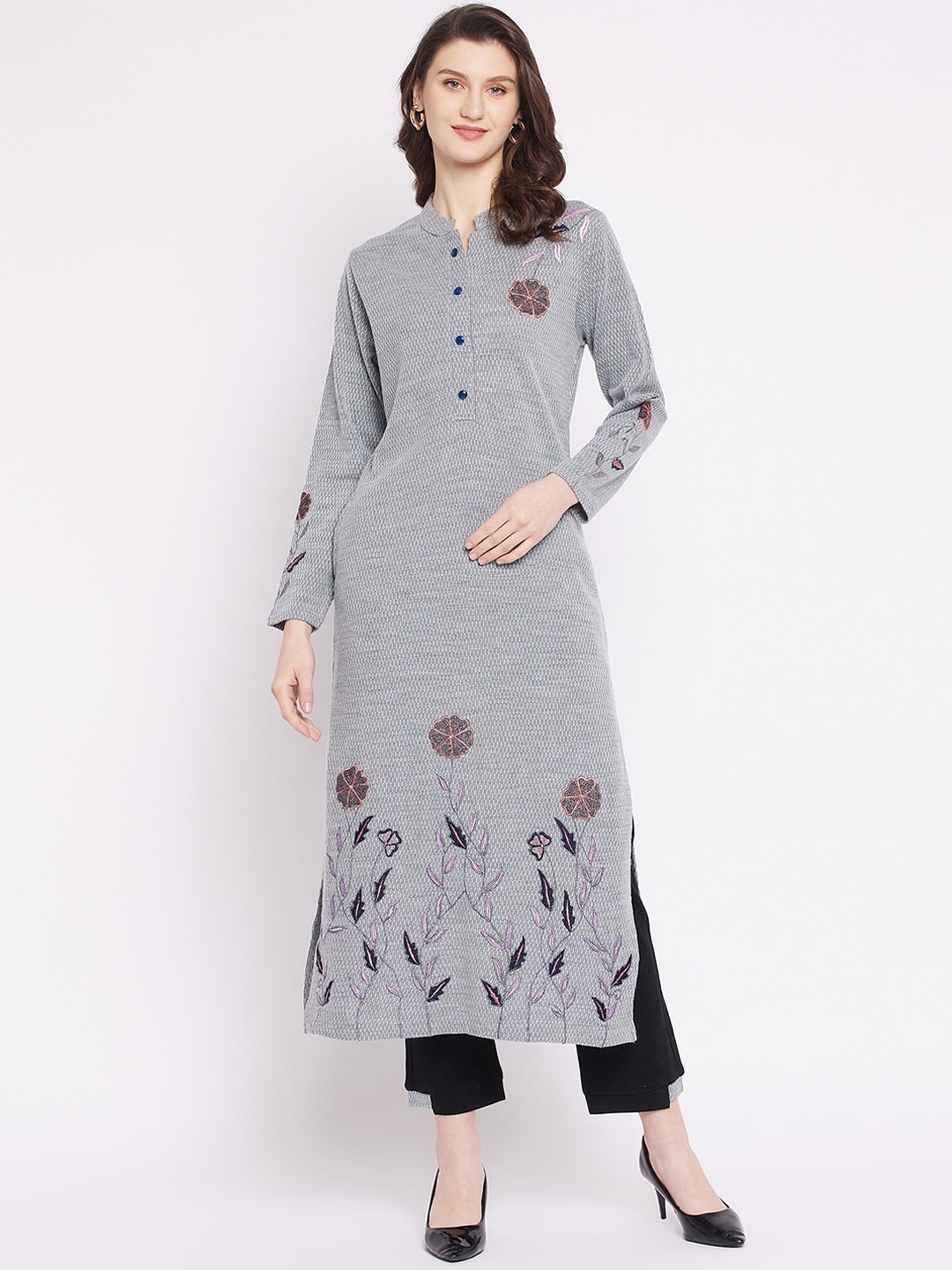 

Zigo Women Grey Floral Embroidered Kurta with Trousers