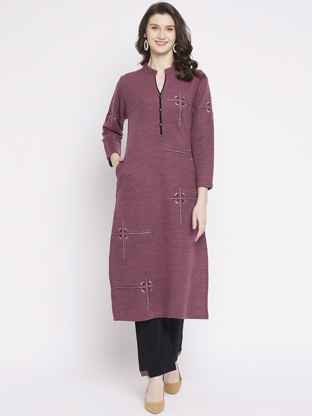 

Zigo Women Burgundy Embroidered Kantha Work Kurta with Trousers