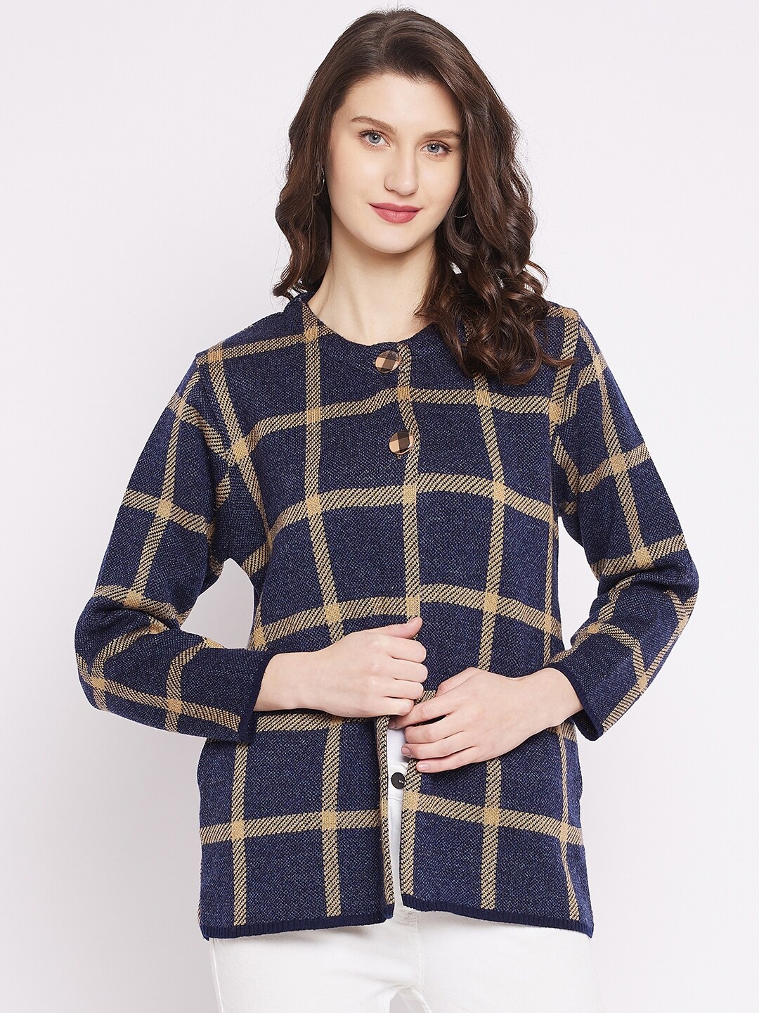 

Zigo Women Navy Blue & Yellow Checked Cardigan