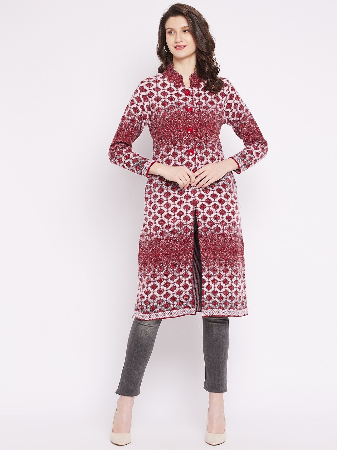 

Zigo Women Maroon & White Self Design Wool Longline Cardigan