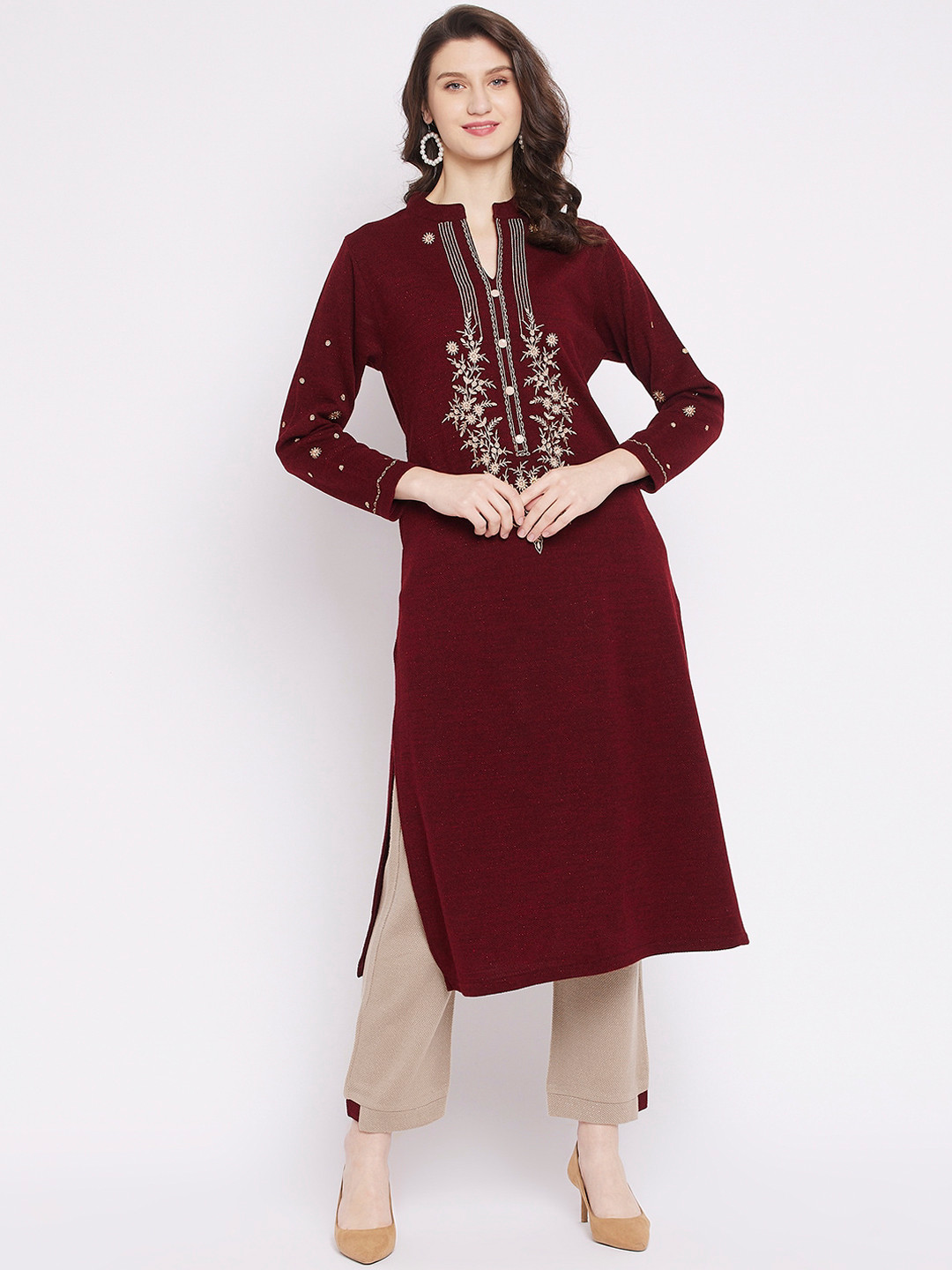 

Zigo Women Maroon Floral Embroidered Kurta with Trousers