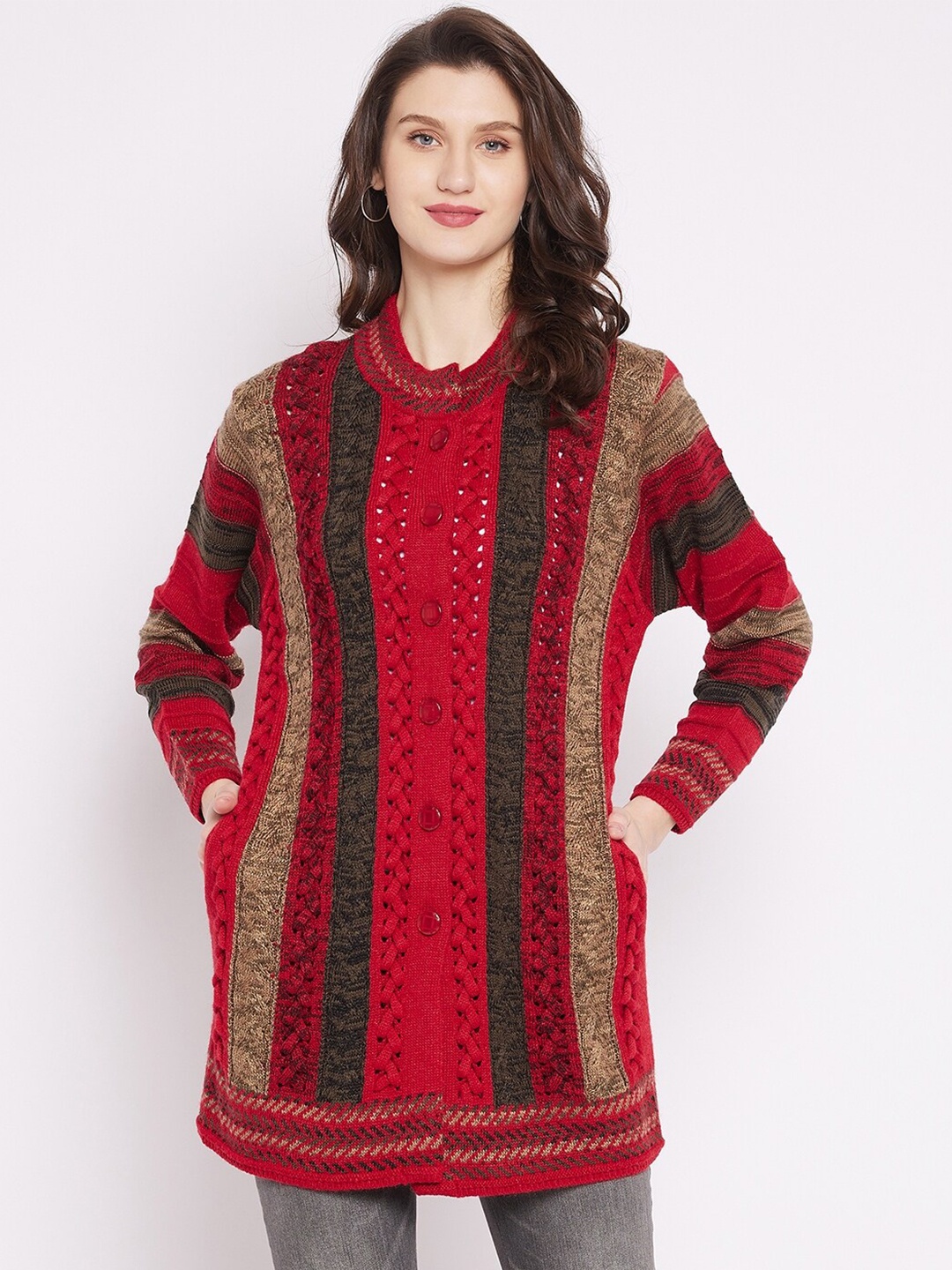 

Zigo Women Red & Green Cable Knit Longline Cardigan