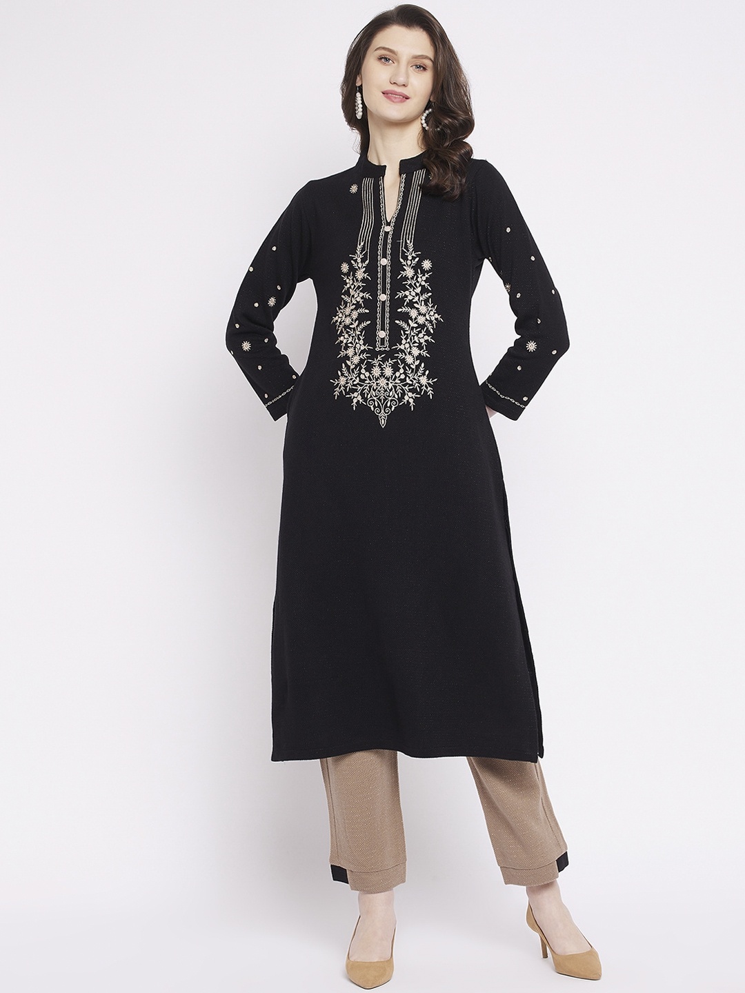

Zigo Winter Wear Women Black Floral Embroidered Kurta with Trousers