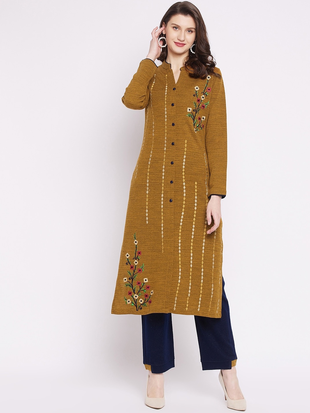 

Zigo Winter Wear Women Mustard Yellow & Navy Blue Floral Embroidered Kurta With Trousers