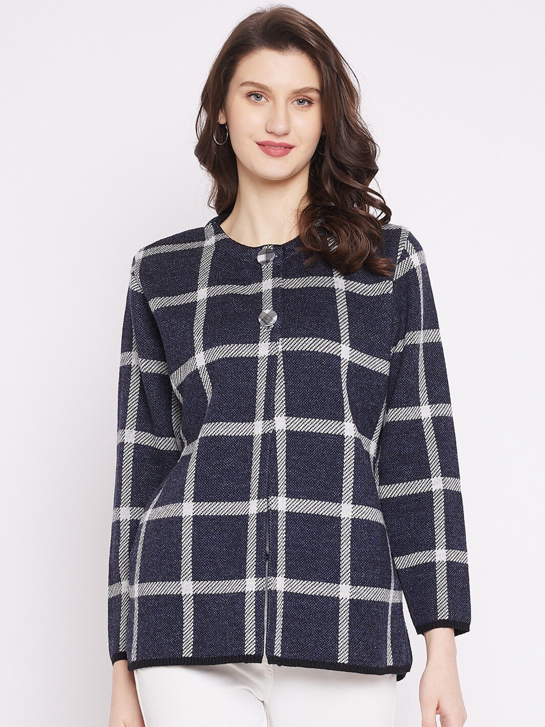 

Zigo Women Navy Blue & Grey Checked Cardigan