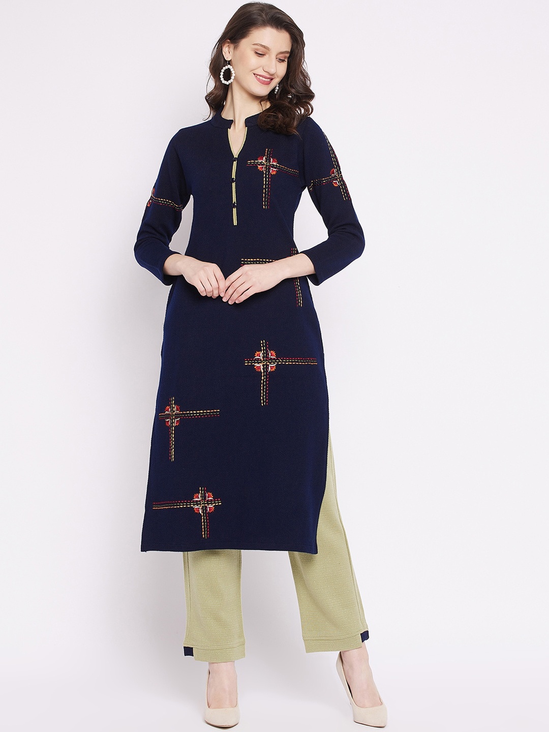 

Zigo Women Navy Blue Floral Embroidered Panelled Kurta with Trousers