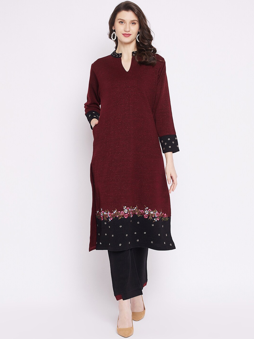 

Zigo Women Maroon Floral Embroidered Kurta with Trousers