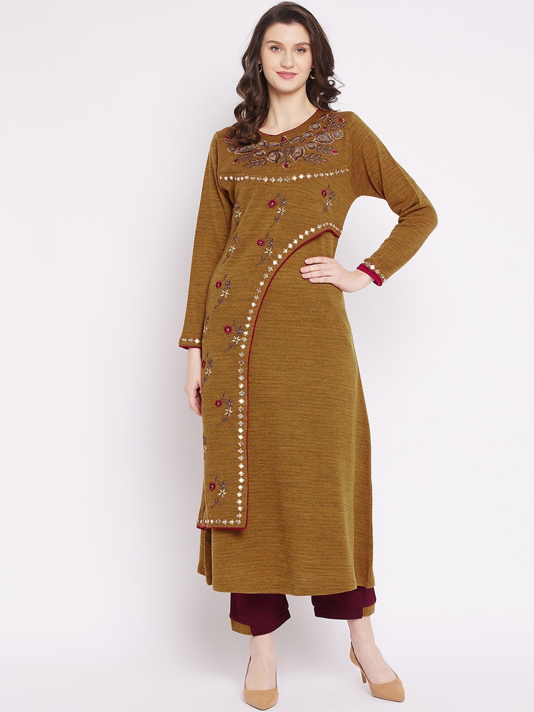 

Zigo Winter Wear Women Mustard Yellow Ethnic Motifs Embroidered Kurta with Trousers